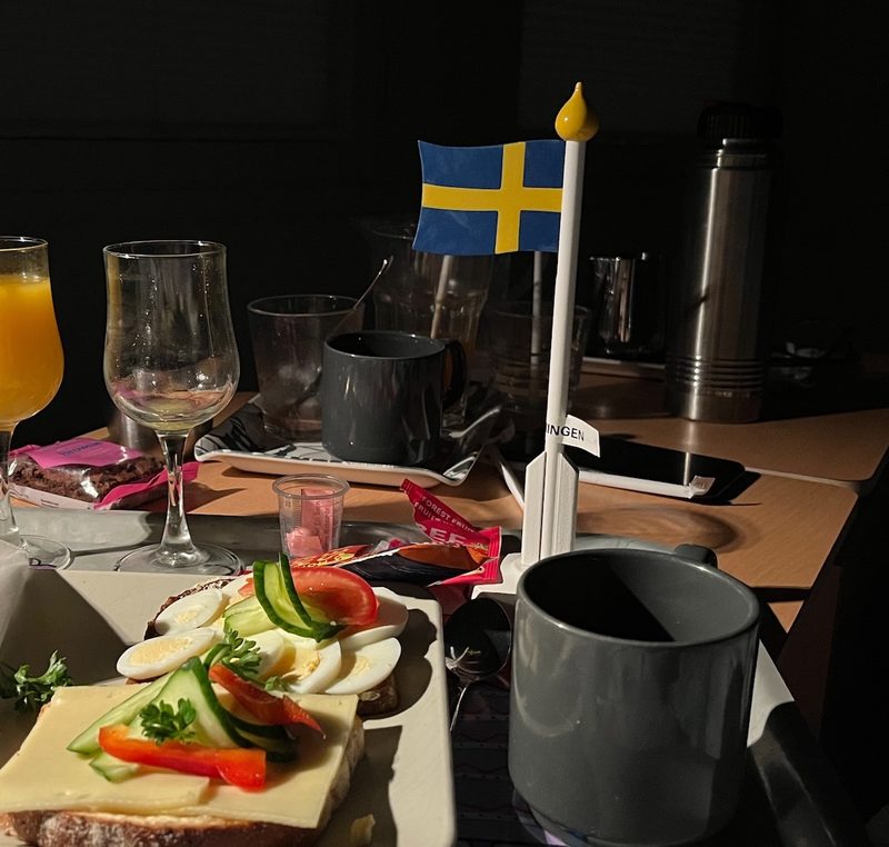 Swedish flag on tablet in the labor and delivery unit of a hospital. Right after giving birth.
