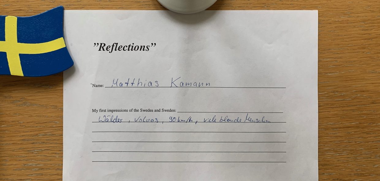 Paper with "Reflections", and Matthias' written first impressions of Sweden and Swedes